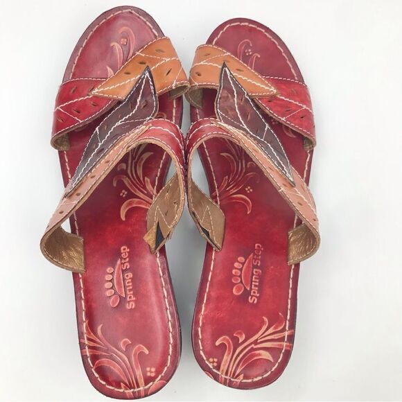 Spring Step AZALEA Red Brown Laser Cut Leaf Whimsical Wedge Heel Open Toe Sandal - Picture 4 of 15